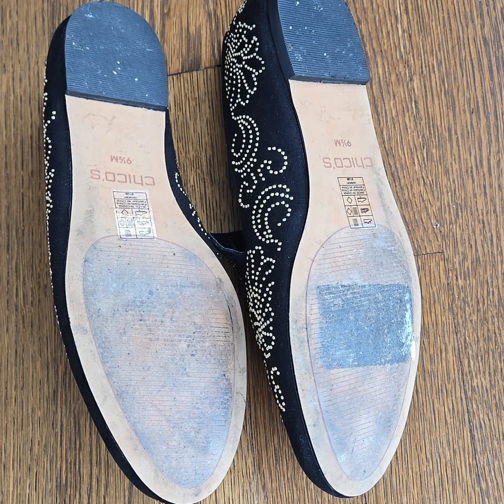 Chico's Gwyn Art Deco Beaded Flats Black Gold 9.5